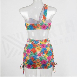 Women Floral Print 2 Piece Bikini Set Crossed Halter Top Tie Side Bottom Ruched Stretch Swimwear - Product Image 2