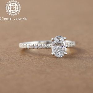 Charm_Jewells Women's <b>Oval</b> Cut <b>Moissanite</b> <b>Engagement</b> <b>Ring</b> 18K Gold Rhodium Plated Prong Setting Classic Style - Product Image 5
