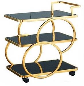 Chariot de bar à 3 niveaux en verre noir avec finition dorée, chariot à boissons roulant, mobilier de bar de luxe pour la maison, chariot de service de boissons contemporain - Product Image 6