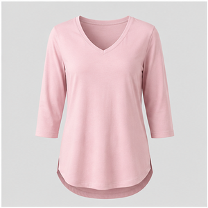 Camiseta holgada de manga tres cuartos con cuello en V en color rosa rubor para mujer WTS-0104 - Product Image 1