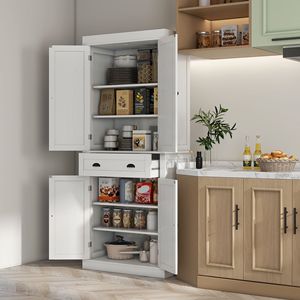 Armoire de cuisine autoportante blanche de 72 pouces, design moderne et antique, solution de rangement spacieuse, en bois massif de bouleau et chêne - Product Image 2