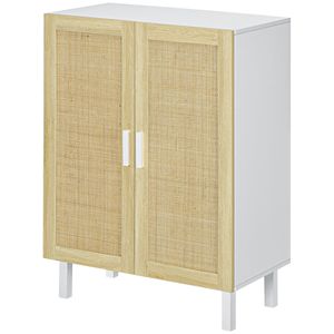 Mobile da Cucina Boho Bianco e Rovere Naturale con 2 Ante in Rattan, Ripiani Regolabili per Sala da Pranzo, per Uso in Villa - Product Image 1