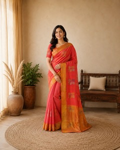 Sari en soie pure tissé à la main, motif floral rouge corail, bordure dorée Zari, sari traditionnel indien pour les fêtes et les occasions spéciales - Product Image 1