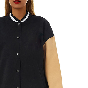 Veste universitaire de haute qualité pour femmes, broderie, doublure en coton, noir beige, couleur contrastée, manches longues, col boutonné - Product Image 6