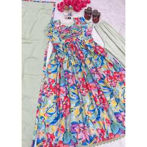 VESTIDO DE TRABAJO CON IMPRESIÓN DIGITAL DE CHINON PARA FIESTA CON DUPATTA PISTA - Product Image 1