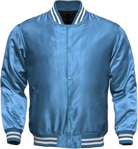 Chaqueta Varsity Clásica Azul de Poliéster con Ribete en Contraste, Cuello Redondo, Chaqueta Deportiva para Adultos, Otoño, Regreso a Clases, Graduación - Product Image 1