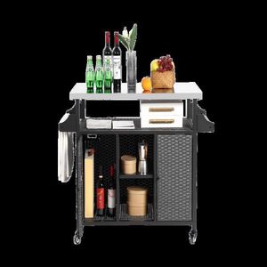 Grande Isola da Cucina per Esterni in Vimini con Carrello Mobile, Armadietto Contenitore, Piano Estensibile in Acciaio Inossidabile, Arredamento da Patio con Ruote - Product Image 4