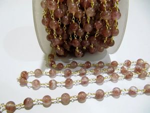 Natural Strawberry Quartz Round Plain Smooth 6mm Beaded Rosary <b>Wire</b> Wrapped Chain - Product Image 3