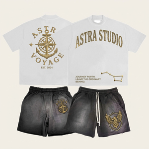 Ensemble deux pièces décontracté unisexe Astra Studio pour l'été, t-shirt et short 100% coton respirant avec broderie - Product Image 1