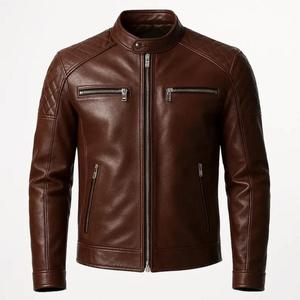 Veste en cuir véritable pour homme, col rond, marron, coupe classique, manches longues, coupe-vent, veste de motard, veste de sport, prix de gros - Product Image 1