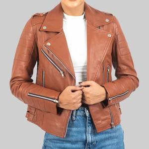 Chaqueta de Cuero Genuino Marrón para Mujer Elaine - Chaqueta de Invierno Transpirable con Cierre de Cremallera - Chaqueta de Cuero Marrón - Product Image 2