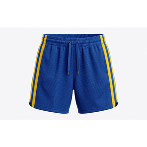 Pantalones Cortos Deportivos para Hombre, Azules, de Malla, con Rayas Laterales Amarillas, Cintura con Cordón, Transpirables, Casuales, de Poliéster Tejido - Product Image 1