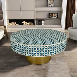Handmade Luxury <b>White</b> Coffee <b>Table</b> with Minimalist Design Custom Furniture Featuring Geometric Bone Inlay Pattern - Product Image 3