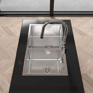 32\"x 19\"x 10\" Satin Stainless Steel S304 Handmade Embedded Double Bowl <b>Kitchen</b> <b>Sink</b> Household Thick Dishwasher-Friendly - Product Image 6