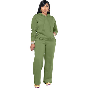 Ensemble de sweat-shirt à capuche uni pour femmes avec poches, coupe régulière, tenue décontractée d'automne, manches longues, en coton tricoté - Product Image 6