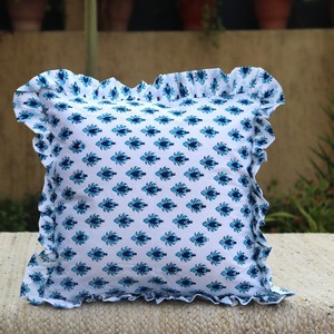 Funda de Cojín Cuadrada Estampada con Borde de Volantes, Diseño Floral Azul, Estilo Bohemio, Decoración para el Hogar - Product Image 1
