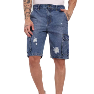 Shorts cargo en jean bleu déchiré et délavé pour homme, taille mi-haute élastique, style décontracté Bermuda, 100 % coton, tissu respirant tissé - Product Image 2