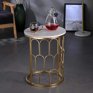 Table d'appoint de luxe en métal doré avec plateau en marbre blanc, table ronde moderne, table basse d'appoint pour salon, chambre, balcon - Product Image 3