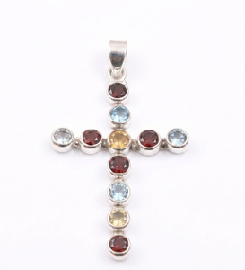 Colgante de Cruz de Plata de Ley 925 con Topacio Azul, Granate y Citrino, Joyería Religiosa Cristiana, Chapado en Oro Rosa - Product Image 1