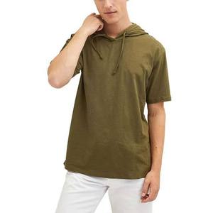 เสื้อยืดแขนสั้นมีฮู้ดสีเขียวมะกอกสำหรับผู้ชาย ทรงโอเวอร์ไซส์ สไตล์ลำลอง สีพื้น ผ้าถักเนื้อฝ้าย ระบายอากาศได้ดี เหมาะสำหรับฤดูร้อน - Product Image 1