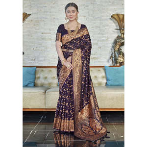 Elite Weaves Dark Magenta Banarasi Jaal Katan Silk Zari Woven Saree Traditional <b>Indian</b> Scarf & <b>Shawl</b> - Product Image 3
