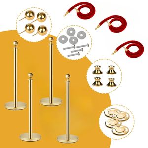 Set di montanti per il controllo della folla in 4 pezzi con corda di velluto rosso e cima a sfera con barriera in acciaio inossidabile per fiere - Product Image 1