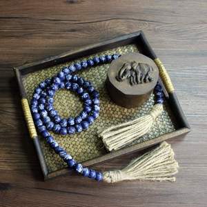 Navy Blue Distressed <b>Wooden</b> Beads Garland with Tassels Farmhouse <b>Rustic</b> Prayer Bead Wall Hanging for Home Festival Decor - Product Image 3