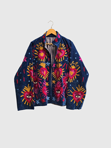 Chaqueta de Terciopelo con Bordado Floral de Manga Larga y Cuello Mao para Mujer, Talla Grande, Ropa de Otoño - Product Image 1
