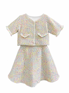 Ensemble chic en tweed pastel pour filles, 2 pièces, veste à manches courtes, jupe, motif géométrique, style boutique - Product Image 1
