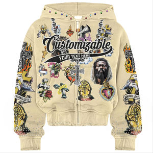 Sudadera con capucha extragrande para hombre, con cremallera, diseño vintage con pedrería, corte holgado, estilo urbano, sudadera cosida a medida - Product Image 1