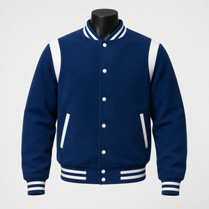 Chaqueta Universitaria Azul Personalizada, Cuerpo de Lana, Mangas de Cuero, Chaqueta de Béisbol Letterman, Fabricante de Marca Privada OEM - Product Image 1