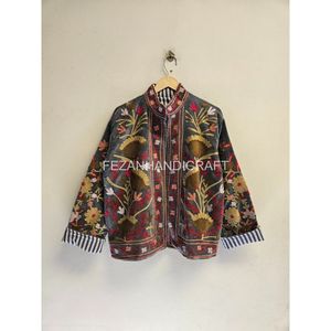 Chaqueta de Algodón Bordada para Mujer, Cuello Mandarín, Estampado Floral, Hecha a Mano, para Otoño, Manga Larga, Largo Regular - Product Image 3