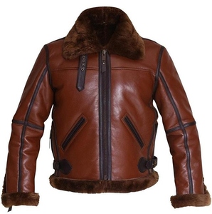 Aviator Leather Bomber <b>Jacket</b> with Fur Trim Casual Stand Collar Washed Finish Zipper Front OEM Service-Winter - Product Image 4
