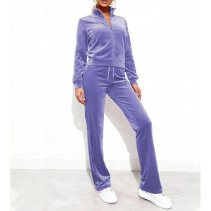 Conjunto de sudadera con capucha y pantalones de chándal de terciopelo con cremallera completa, tela suave y afelpada, bolsillos laterales, cintura con cordón, chándal de terciopelo. - Product Image 2
