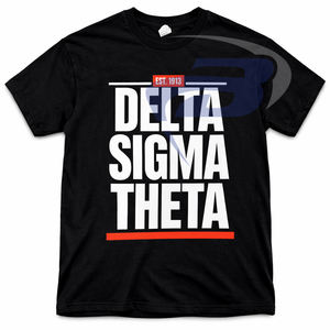 Delta |   Sigma |   Camiseta negra Theta Sorority EST 1913 con diseño de letras griegas rojas en contraste, 100% algodón transpirable, DST Sorority - Product Image 1