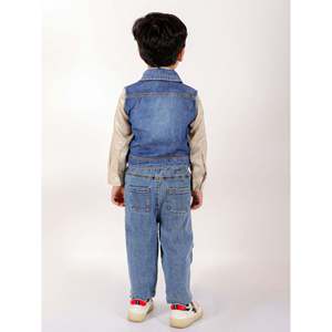 Ensemble de vêtements d'extérieur pour garçons, chemise en coton mélangé, veste en jean à manches longues, beige, bleu, ornée de belles appliques de papillons - Product Image 2