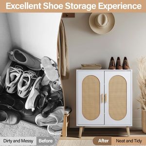 FCH 2-Door Vertical Shoe Cabinet Particle Board White <b>Frame</b> Original Wood Rattan Surface <b>Gold</b> High Feet Elegant White Shoe Rack - Product Image 3