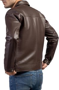 Veste moto en cuir véritable marron pour homme, col rabattu, fermeture éclair, couleur unie, longueur normale, vêtement d'automne - Product Image 6