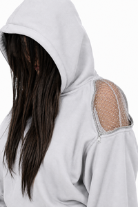 High Quality 100% Cotton Mesh Panel Oversize Hooded Sweatshirt Sweatpants <b>Set</b> Women Casual Streetwear Rhinestone Winter OEM ODM - Product Image 2