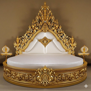 Luxury High End Modern Carved Teak Wood Round Four <b>Poster</b> Canopy Bed with Golden Heavy Carving - Product Image 5