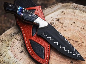 Couteau Bowie DIY OEM fait main de 15 pouces, lame en acier au carbone avec revêtement noir au poudre et lignes blanches, manche en corne avec étui en cuir - Product Image 2