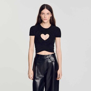 <b>Women's</b> <b>Black</b> Heart Hollow Out <b>Crop</b> <b>Top</b> Short Sleeve O-Neck Knitted Slim Spring Summer T-Shirt - Product Image 2