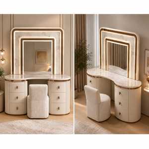 Modern LED Bedroom <b>Makeup</b> <b>Vanity</b> Table with Illuminated <b>Mirror</b> Marble Finish Upholstered Stool Storage Drawers - Product Image 3