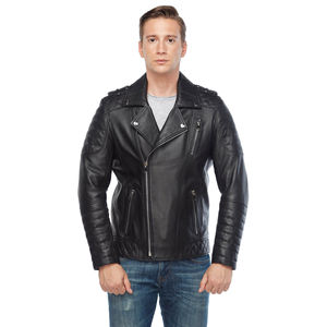 Blouson de motard en cuir PU noir matelassé pour homme, avec fermeture éclair asymétrique, respirant, logo frontal, personnalisable en usine, vente en gros - Product Image 1
