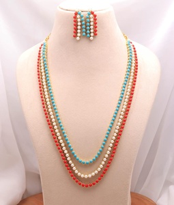 3 Layer Multi <b>Necklace</b> Set Round Pearl Coral <b>Ruby</b> Pink Gold Plated Vintage Indian Ethnic Bridal Wedding Jewelry - Product Image 1