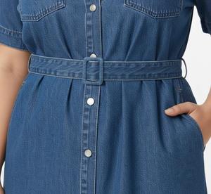 Vestidos Casuales de Talla Grande, Ajustados, Cintura Natural, Ecológicos, de Mezclilla y Algodón, Manga Corta, con Botones al Frente, Largura hasta la Rodilla - Product Image 4