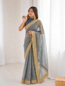 Sari en organza de soie de luxe pour femmes, bordure brodée Zari, chemisier |   Collection de saris traditionnels indiens pour mariages et fêtes - Product Image 4