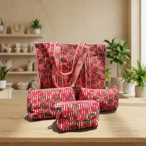 Conjunto de Bolsos Ecológicos de Algodón Acolchado con Estampado de Sandía, Bolso de Hombro con Cremallera, Bolsas de Viaje para Cosméticos y Artículos de Aseo - Product Image 1