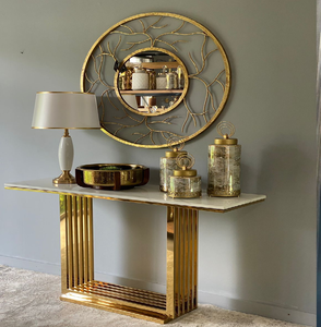 Espejo rectangular plateado contemporáneo con una consola metálica a juego, disponible a precios de mayorista. - Product Image 2