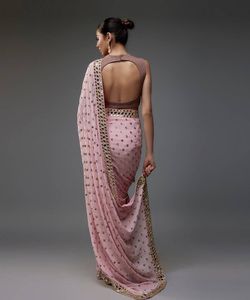 Sari Étnico para Mujer al por Mayor, Georgette Pesado con Lentejuelas de 5mm, Bordado Butti, Borde con Espejos, Sari Tradicional de Bollywood para Fiesta con Blusa - Product Image 3